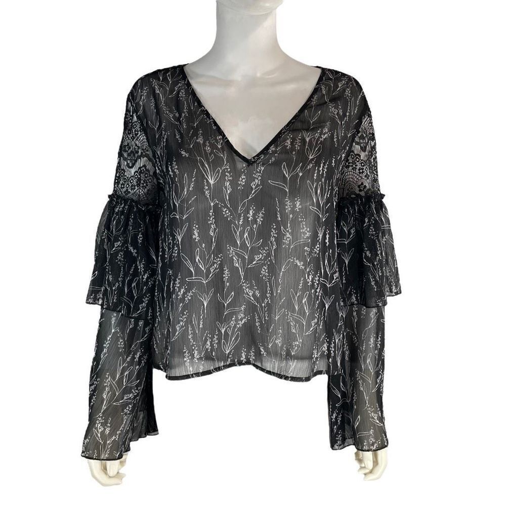 Zara Black Floral V-Neck Blouse Top Women's Medium